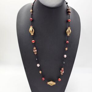Chico's Necklace Signed Beaded 30" Long Gold Tone Chain Lampwork Glass Red